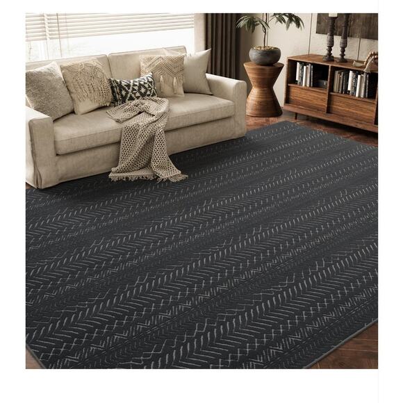 5x7-Boho Dark Grey Machine Washable-Non Slip Moroccan Washable Rug - Picture 1 of 6